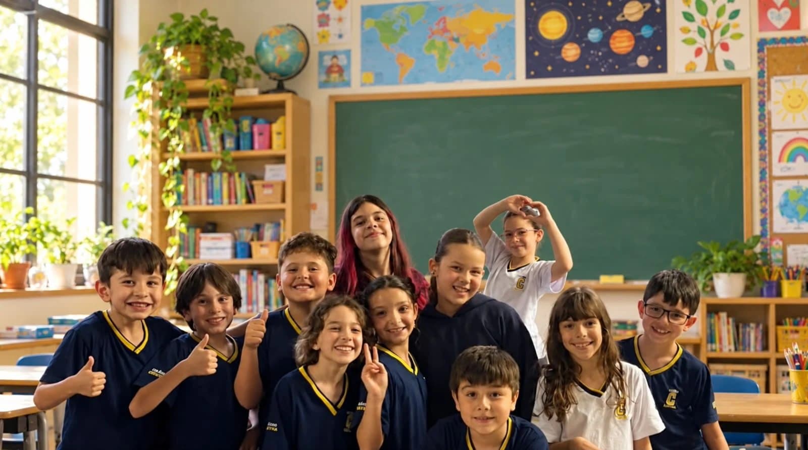 Alunos do Colégio Criativa de uniforme, sorrindo juntos numa sala de aula com lousa, mapa-múndi e estantes de livros